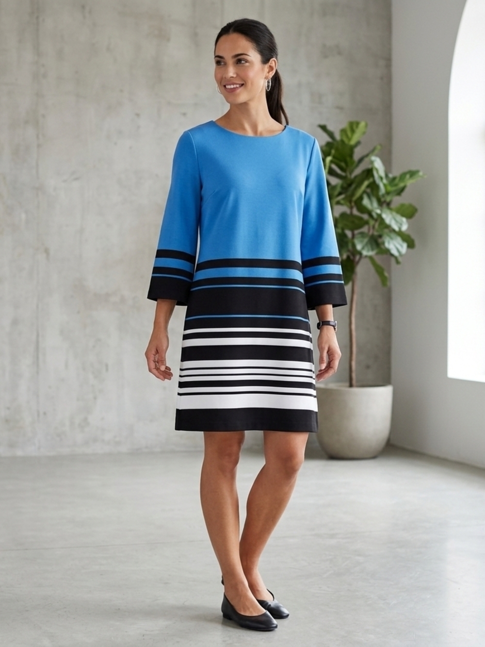 Karl Lagerfeld Blue, Black & White Striped Long Sleeve Shift Dress Size Med